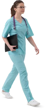 a woman wearing scrubs and holding a black folder