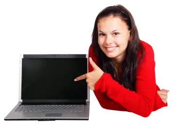a woman in a red sweater points at a laptop
