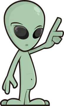 a cartoon alien pointing at something