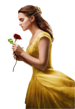 a woman in a yellow dress holding a rose