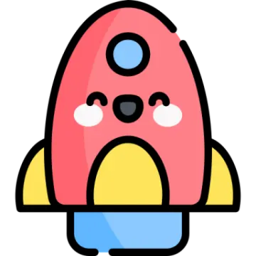 a red and yellow rocket with eyes closed