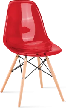 a red plastic chair with wooden legs
