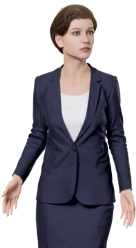 a woman in a blue suit and white top