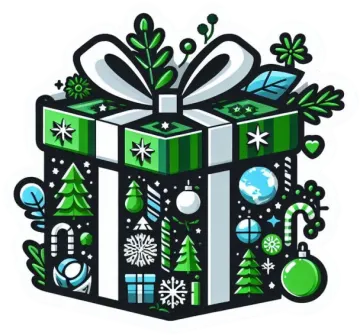 a green gift box with christmas decorations around it