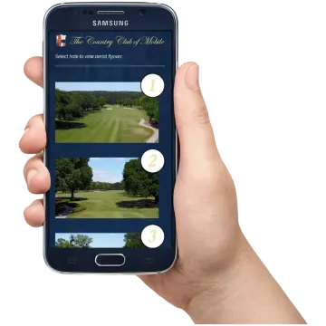 a hand holding a cell phone with golf images on the screen