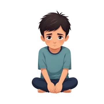 a little boy sitting on the floor and looking sad