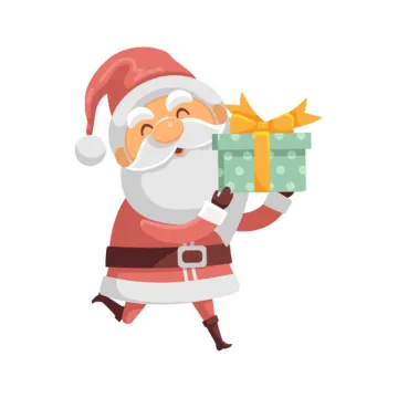 a cartoon santa holding a gift box