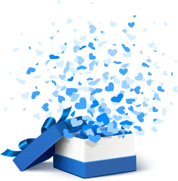 a white box with blue hearts flying out of it