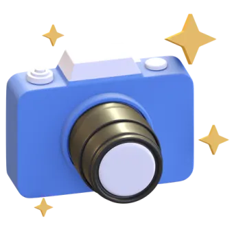 a blue camera with gold stars around it