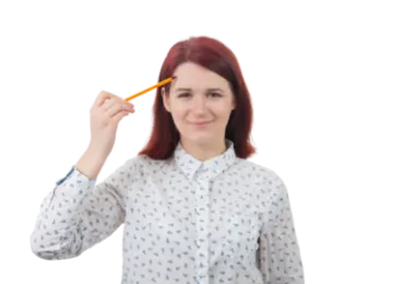 a woman holding a pencil in front of her face
