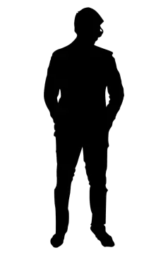 a silhouette of a man in a suit and hat