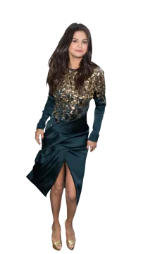 a woman in a dark green dress with gold sei