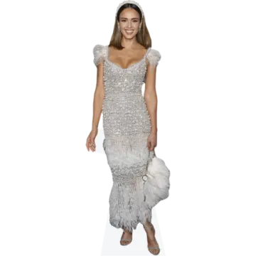a woman wearing a silver dress with feathers on it