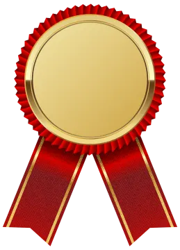 a gold medal with red ribbons