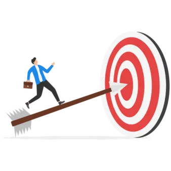a man in a business suit is walking on a wooden arrow that has been hit by an arrow