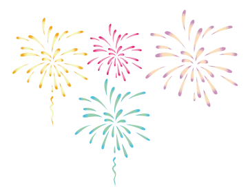 three colorful fireworks on a white background