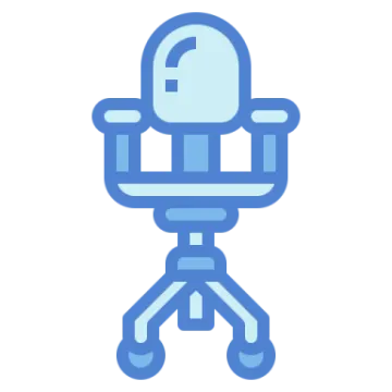 a blue and white icon of a person sitting on a chair