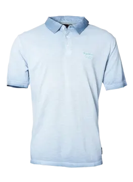 a light blue polo shirt with a logo on the chest