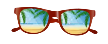 a pair of sunglasses with palm trees reflected in them