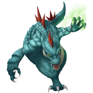 a blue dragon with red horns and green eyes