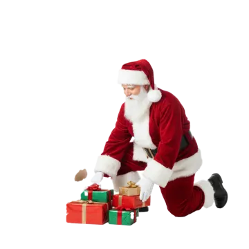 a man in a santa suit kneeling next to a pile of presents