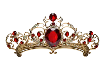 a gold tia with red stones and crystals
