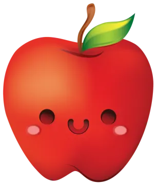 an apple with two eyes and a green leaf