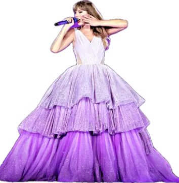 a woman in a purple gown singing into a microphone