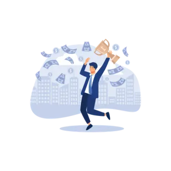 a man in a suit is running with money flying around him