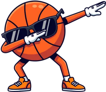 an orange basketball ball wearing sunglasses and pointing at the camera