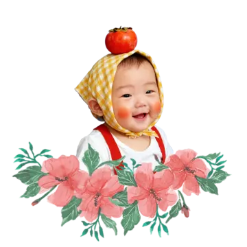 a baby with an apple on his head