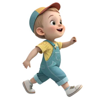a little boy in overalls and a cap is running