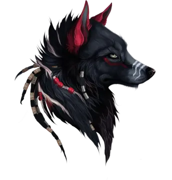 a black wolf with red eyes and horns