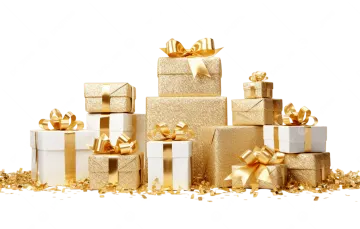 a pile of gold and white gift boxes
