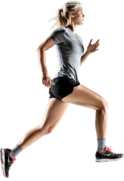 a woman running on a white background