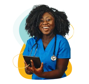 a woman in scrubs holding a tablet