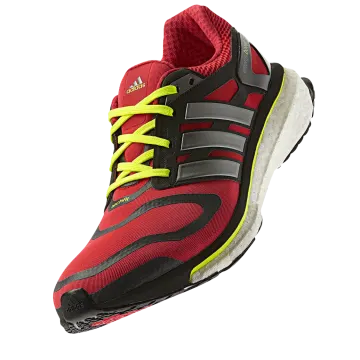 a pair of red and black running shoes