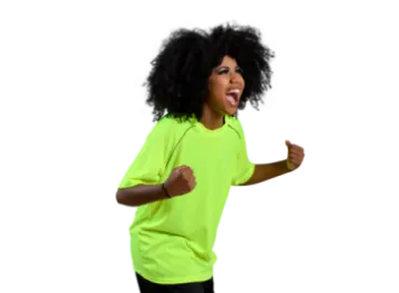 a young girl wearing a neon green shirt and black pants
