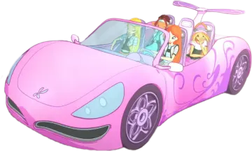 a pink car with two people in it