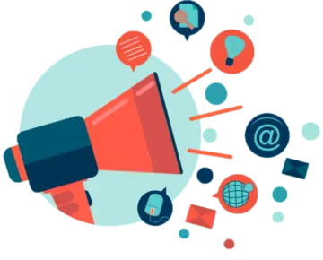 a megaphone surrounded by social icons