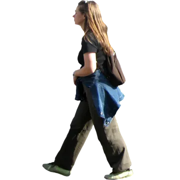 a woman walking with a blue bag on her back