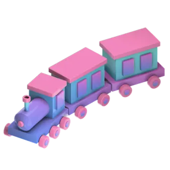 a toy train with pink and blue colors