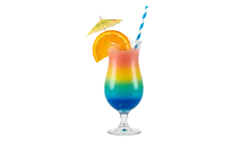 a colorful drink in a glass with an orange slice
