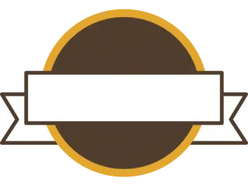 a brown and white label with a ribbon around it