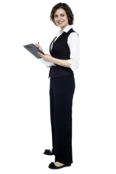 a woman in a business suit holding a clipboard