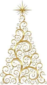 a gold christmas tree with swirls and stars