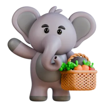 an elephant holding a basket of vegetables
