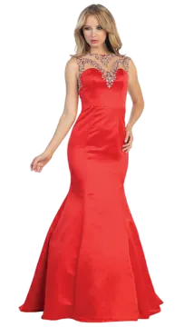 a woman in a red gown