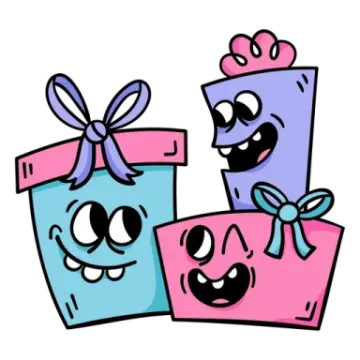 three cartoon gift boxes with smiling faces and bows