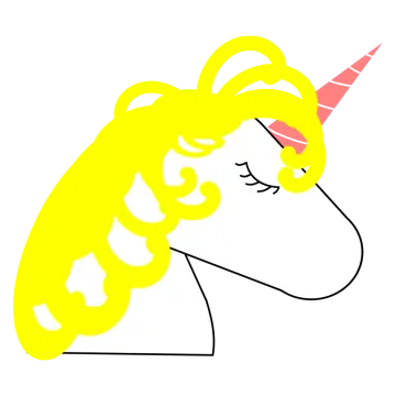 a yellow unicorn head with a pink horn
